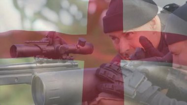 Dürbünlü tüfek, Danimarka bayrağıyla kaplanmış adam animasyon tarzında. Hedef, hassasiyet, atış, keskin nişancı, avcı, vatanseverlik.