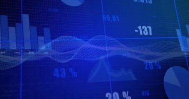 Mavi arka planda grafik ve çizelgelerle finansal verilerin animasyonu. Analizler, finans, istatistik, görselleştirme, ekonomi, iş
