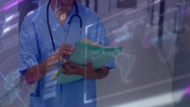 Belgeler inceleniyor, veri işleme animasyon örtüsü olan sağlık uzmanı. Teknoloji, analitik, yenilik, dijital, analiz