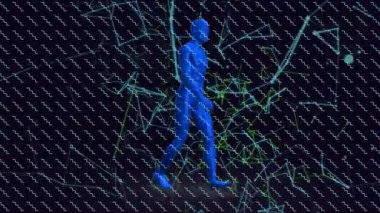 Ağ bağlantıları ve yeşil şekilli mavi dijital insan figürünün animasyonu. Teknoloji, bağlantı, fütüristik, sanal, siber uzay, yenilik