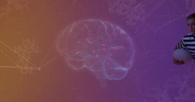 Dijital beyin animasyonuyla etkileşim, renkli arka planda çizgili gömlekli kadın. Teknoloji, yenilik, sanal, etkileşim, fütüristik, grafik