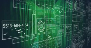 Dijital veri panelleri ve grafikler gösteriliyor, animasyonla yeşil fütürist arayüz. Teknoloji, veri görselleştirme, analitik, yenilik, dijital arayüz, siber güvenlik