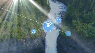 Yeşillik yeşil orman ortamında çağlayan dijital ağ simgelerinin animasyonu. Teknoloji, bağlantı, çevre, yenilik, doğa, sürdürülebilirlik