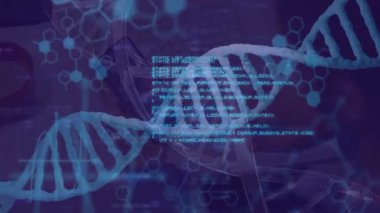 İkili kodlama ile DNA ipliği, bilimsel verileri animasyon tarzında işliyor. Genetik, biyoteknoloji, dijital, geleceksel, bilim, teknoloji