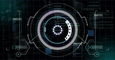 Karmaşık veriler gösteriliyor, dairesel animasyon modelleri ile geleceksel dijital arayüz. Teknoloji, yenilik, görselleştirme