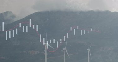 Mali veri animasyonu eşleşmesi işleniyor, dağlık arazide rüzgar türbinleri. Sürdürülebilirlik, yenilenebilirlik, teknoloji, çevre, analiz, temiz enerji