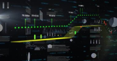 Karanlık arka planda dijital finansal veriler ve borsa haritası animasyonu. Finans, ticaret, yatırım, büyüme, teknoloji, analitik