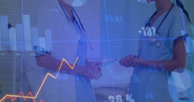 Hasta verileri, finansal tablosu animasyonla örtüşen sağlık uzmanları. finans, işbirliği, analiz, toplantı, danışma, takım çalışması