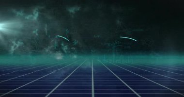 Fütürist dijital şebeke atmosferinde yüzen matematiksel denklemler ve animasyonlar. Teknoloji, yenilik, siber, yapay zeka, veri, ağ