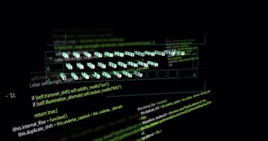 Siyah arkaplanda yeşil metin üzerinde yüzen dijital kod ve simgelerin animasyonu. Teknoloji, yazılım, siber güvenlik, veri, matris, ekran