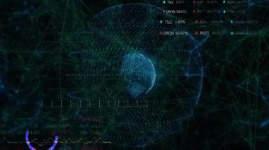 Dijital dünya animasyonu etrafında görselleştiren ağ bağlantıları ve borsa verileri. Teknoloji, finans, küresel, bağlantı, yenilik, analiz