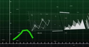 Sınır çizelgeleriyle finans grafiğinde yükselen yeşil trend çizgisinin animasyonu. Finans, yatırım, büyüme, veri, analitik, başarı
