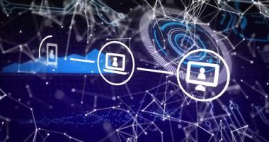 Dijital arayüz, ağ bağlantılarını ve veri işlemlerini animasyon tarzında gösteriyor. Teknoloji, yenilik, bağlantı, sanal, siber uzay, geleceksel