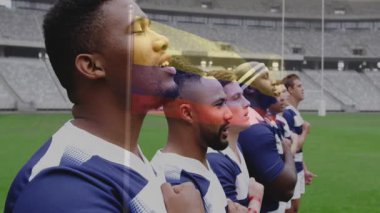 Stadyumda duruyor, rugby oyuncularının elleri kalplerinde, arka planda animasyon var. Takım çalışması, marş, sportmenlik, vatanseverlik, birlik, rekabet