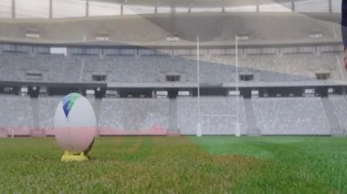 Çim sahada ragbi topuna hazırlanıyor, stadyumda animasyonlu oyuncu. Spor, atlet, tekme, rekabet, takım çalışması, oyun