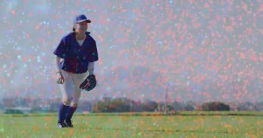 Beyzbolcu topu arka planda DNA ipliği animasyonuyla yakalıyor. Spor, genetik, atlet, bilim, teknoloji, yenilik