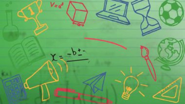 Okulda, renkli karalamalar ve sembollerle matematik formülünün animasyonu. Eğitim, matematik, öğrenme, yaratıcılık, öğretim, görselleştirme