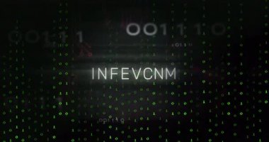 İkili kodlu dijital temalı animasyon ve INFECTED metni gösteren devre desenleri. Siber güvenlik, kötü amaçlı yazılım, hackleme, teknoloji, veri ihlali, virüs