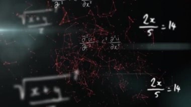 Matematiksel denklemlerin animasyonu ve koyu arkaplanda kırmızı ağ bağlantıları. Analiz, teknoloji, matematik, veri, bilim, dijital