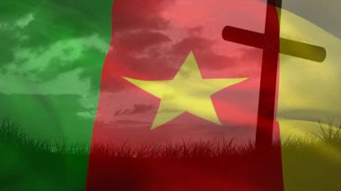 Bulutlu gökyüzü ve çimenlerin üzerinde çapraz silueti olan kamerun bayrağı animasyonu. manzara, bulutlar, vatanseverlik, sembolizm