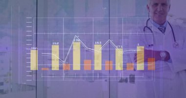 Finansal veri tablosu analizi animasyon örtüsü, ofiste çalışan doktor. Finans, analiz, sağlık, meslek, teknoloji, iş
