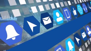 Soyut teknoloji arka planı üzerinden dijital simgeler ve ağ bağlantıları. communication, futuristic, innovation, connectivity, cyberspace