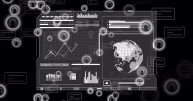 Okul ortamında küresel ağ bağlantılarındaki dijital verileri animasyonla analiz etmek. Teknoloji, eğitim, bağlantı, analitik, yenilik, ağ