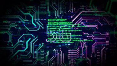 Renkli devre desenli 5G metin ve dijital veri animasyonu. Teknoloji, bağlantı, yenilik, ağ, iletişim