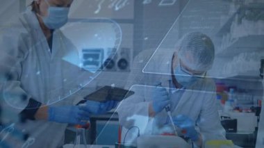Laboratuvarda dijital veri işleme animasyon örtüsüyle çalışan bilim adamları. Bilim, araştırma, yenilik, teknoloji, veri analizi, deney