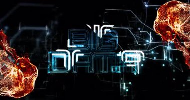 Büyük veri temasındaki ateşli patlamaların ve dijital ağ bağlantılarının animasyonu. Teknoloji, siber, gelecek, bağlantı, enerji, sanal