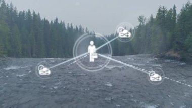 Nehir ve orman manzarası üzerinde bağlantı ve veri işleme animasyonu ağı. Teknoloji, dijital, bağlantı, yenilik, çevre