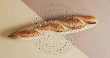 Geometrik ızgaralı baget ekmek animasyonu ve tarafsız arkaplanda noktalar. Fırın, ekmek, soyut, yemek, minimalizm, desen