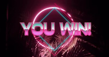 You Win 'in canlı animasyonu! Tropikal yapraklar ve geometrik şekiller üzerine yazılar. Zafer, kutlama, dijital, şenlikli, duyuru, yeşillik
