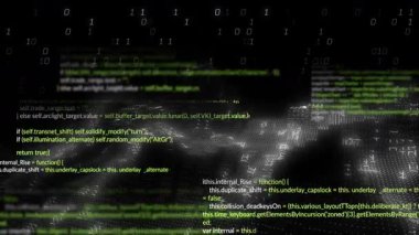 Soyut dijital manzarayı kaplayan yeşil metin ve ikili kod animasyonu. Teknoloji, fütürist, ağ