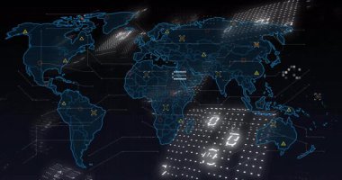 Dünya haritasının animasyonunda kıtaları dijital verilerle kaplayan ikili kod. Küresel, teknoloji, ağ, fütüristik, siber uzay, bağlantı