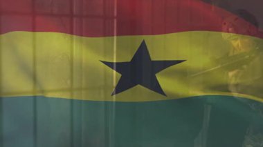 Taktik teçhizat giyiyordu. Animasyondaki asker. Arka planda Gana bayrağı vardı. Ordu, savunma, vatanseverlik, silahlı kuvvetler, koruma, kamuflaj