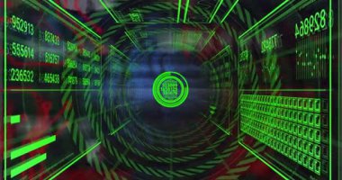 Merkez hedefi çevreleyen yeşil verilerle dijital tünelin animasyonu. Gelecekçi, siber güvenlik, matris, teknoloji, sanal, ağ