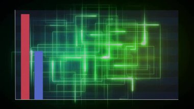 Sunumda yeşil dijital ağ animasyonu üzerinden çubuk grafik verisi gösteriliyor. analitik, teknoloji, finans, iş, fütüristik, büyüme