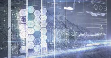 Okulda, altıgenler ve grafiklerle gelecek dijital arayüzün animasyonu. Teknoloji, yenilik, tasarım, veri