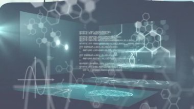 Dijital arayüz üzerinde DNA ipliği ve bilimsel veri işleme animasyonu. Biyoteknoloji, genetik, biyoenformatik, analiz, laboratuvar, fütüristik