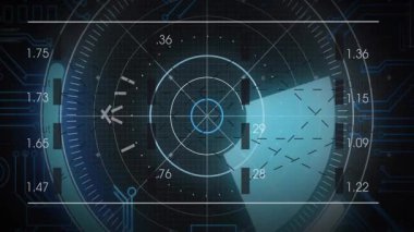 Veri gösteriliyor, mavi ve siyah renkli fütüristik radar ekranı animasyonlu. Teknoloji, dijital, yenilik, analiz, arayüz, siber