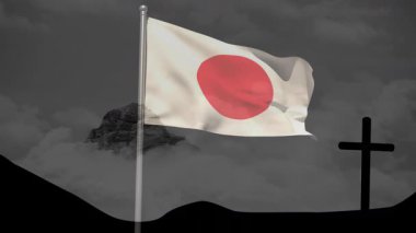 Dağ ve çapraz siluet ile Japon bayrağı sallamak, arka planda animasyon. Vatanseverlik, doğa, kültür, manzara, sembolik