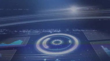 Mavi ızgaradaki dairesel grafiklerle gelecekteki dijital arayüzün animasyonu. Teknoloji, tasarım, soyut, sanal, yenilik, siber uzay