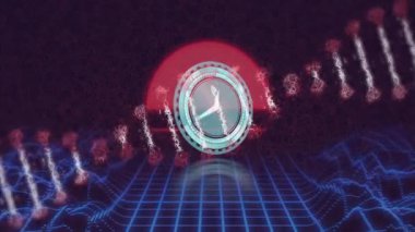 Parlayan kırmızı ve mavi elementlerle birlikte gelecekçi dijital saat animasyonu. Teknoloji, siber, neon