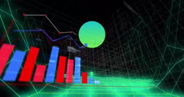 Okulda, dijital şebeke arka planında bar grafiklerinin ve çizgi çizelgelerinin animasyonu. Veri, analitik, istatistik, analitik, fütürist, finans