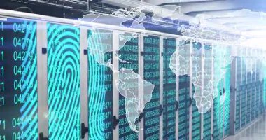 Veri sunucularını parmak izi ve ikili kodla kaplayan dijital dünya haritasının animasyonu. Teknoloji, siber güvenlik, ağ, fütürist, sanal, küresel