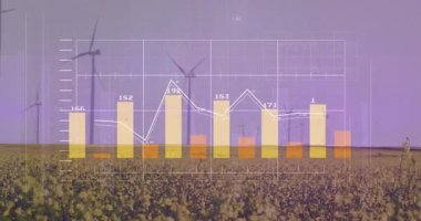 Çubuk grafik ve çizgi çizelgesi rüzgar türbinlerinin üzerinde canlandı. Sürdürülebilirlik, enerji, verimlilik, analiz, yenilenebilirlik, güç