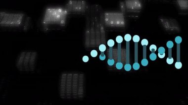 DNA ipliği ve ikili kodlama elementleriyle bilimsel veri işleme animasyonu. Biyoteknoloji, biyoenformatik, veri bilimi, genetik, dijital, yenilik