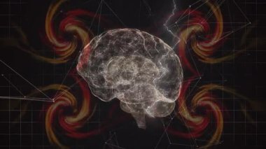 Dönen şekilleri ve geometrik çizgileri olan saydam beyin modelinin animasyonu. teknoloji, yapay zeka, yenilik, fütürist, dijital, nöral