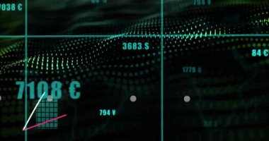 Para birimi sembollerini gösteren bar grafikleri ve çizgi grafikleriyle finansal verilerin animasyonu. Finans, yatırım, analitik, büyüme, ekonomi, istatistik